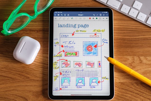 Image of a tablet with plans for designing a webpage on it, surrounded by a keyboard, glasses, an AirPods case, and an Apple keyboard.