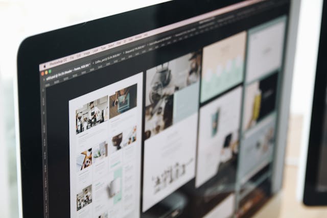 Image of a desktop screen with Photoshop open with infographics being edited.